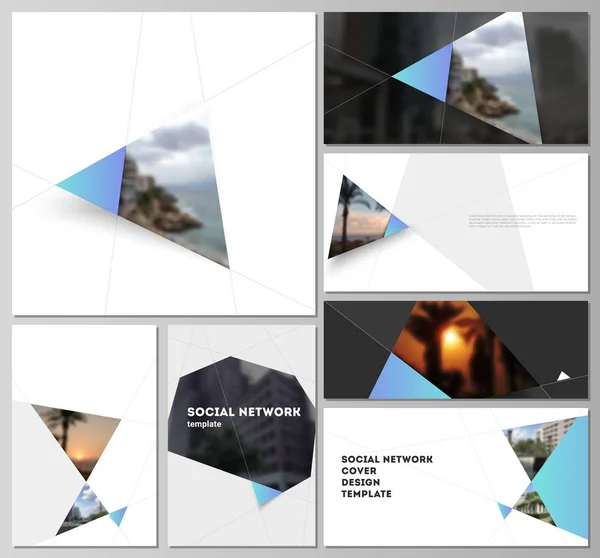 Os layouts de vetores abstratos minimalistas de mockups de redes sociais modernas em formatos populares. Fundo moderno criativo com triângulos azuis e formas triangulares. Design simples decoração . — Vetor de Stock