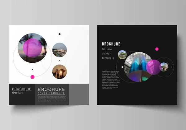 Vector lay-out van twee vierkant formaat omvat ontwerpsjablonen voor brochure, flyer, magazine. Eenvoudig ontwerp futuristische concept. Creatieve achtergrond met cirkels en ronde vormen die vormen van planeten en sterren — Stockvector