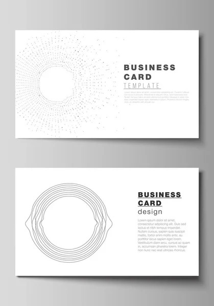The minimalistic abstract vector illustration of editable layout of two creative business cards design templates. Trendy modern science or technology background with dynamic particles. Cyberspace grid — Stock Vector