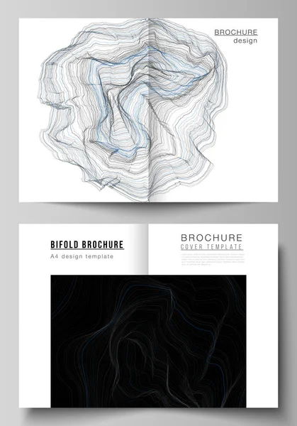 The vector layout of two A4 format modern cover mockups design templates for bifold brochure, magazine, flyer, booklet, annual report. Smooth smoke wave, hi-tech concept black color techno background. — Stock Vector