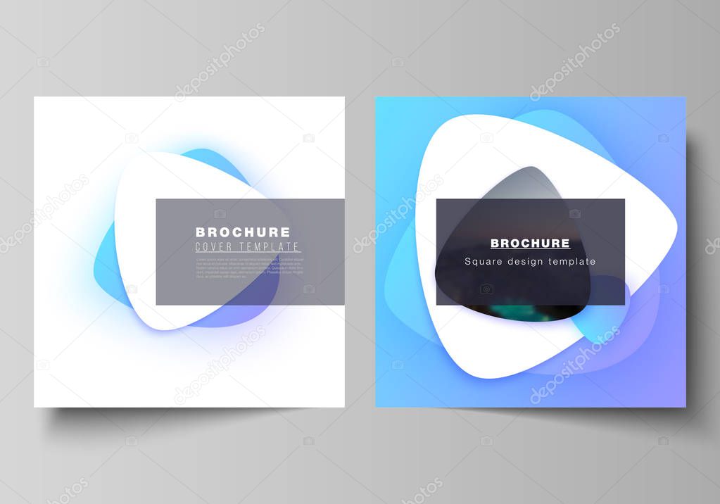 The minimal vector illustration layout of two square format covers design templates for brochure, flyer, magazine. Blue color gradient abstract dynamic shapes, colorful geometric template design.