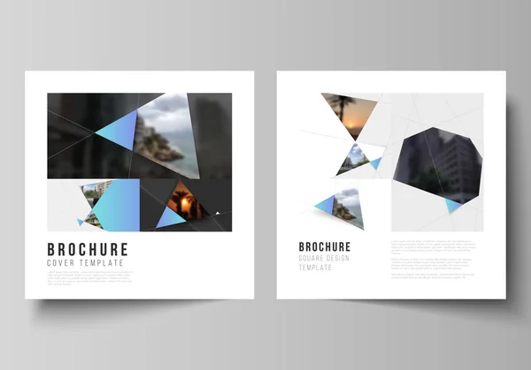 De indeling van de minimale vector van twee vierkant formaat omvat ontwerpsjablonen voor brochure, flyer, magazine. Creatieve moderne achtergrond met blauwe driehoekjes en driehoekige vormen. Eenvoudig ontwerp decoratie. — Stockvector