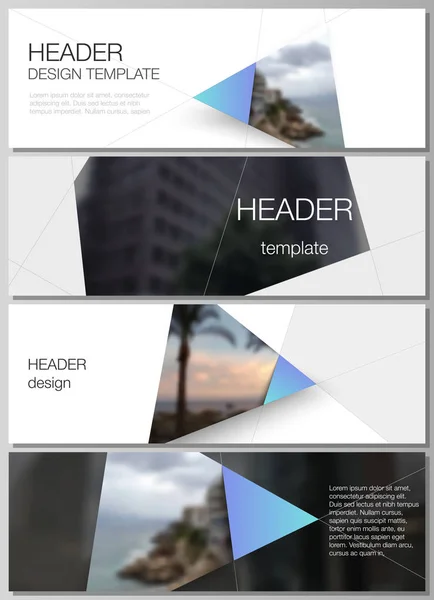 De minimalistische vector illustratie van de bewerkbare lay-out van headers, banner design templates. Creatieve moderne achtergrond met blauwe driehoeken en driehoekige vormen. Eenvoudige Design decoratie. — Stockvector