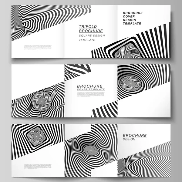 Minimale vector bewerkbare lay-out van vierkante formaat omslagen ontwerp sjablonen voor drievoudige brochure, flyer, tijdschrift. Abstract 3D geometrische achtergrond met optische illusie zwart-wit design patroon. — Stockvector