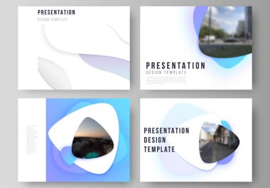 Sunu slaytları tasarım iş şablonları düzenlenebilir düzeni minimalist soyut vektör illüstrasyon. Mavi renk gradyan soyut dinamik şekiller, renkli geometrik şablon tasarımı.