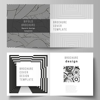 Kare tasarım broşürü, dergi, broşür, broşür, broşür ve broşür için iki kapağın vektör düzeni. Dinamik bileşime sahip minimalist düz stil içinde modayı takip eden geometrik soyut arkaplan.