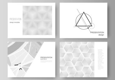 Sunumun minimalist soyut vektör illüstrasyon düzeni iş şablonları dizayn eder. Farklı üçgen şekiller kullanarak soyut geometrik üçgen tasarım arkaplanı.