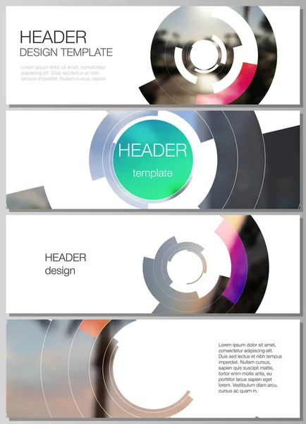 A ilustração vetorial minimalista do layout editável de cabeçalhos, modelos de design de banner. Design futurista padrão circular, elementos de círculo formando moldura geométrica para foto . — Vetor de Stock