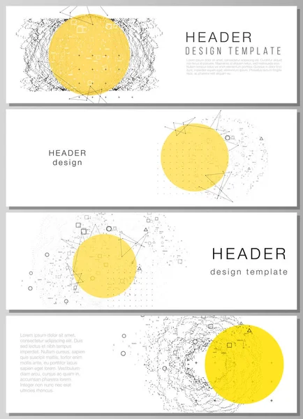 Die minimalistische Vektorillustration des editierbaren Layouts von Kopfzeilen, Banner-Design-Vorlagen. Wissenschaft oder Technologie 3D-Hintergrund mit dynamischen Teilchen. Chemie und wissenschaftliches Konzept. — Stockvektor