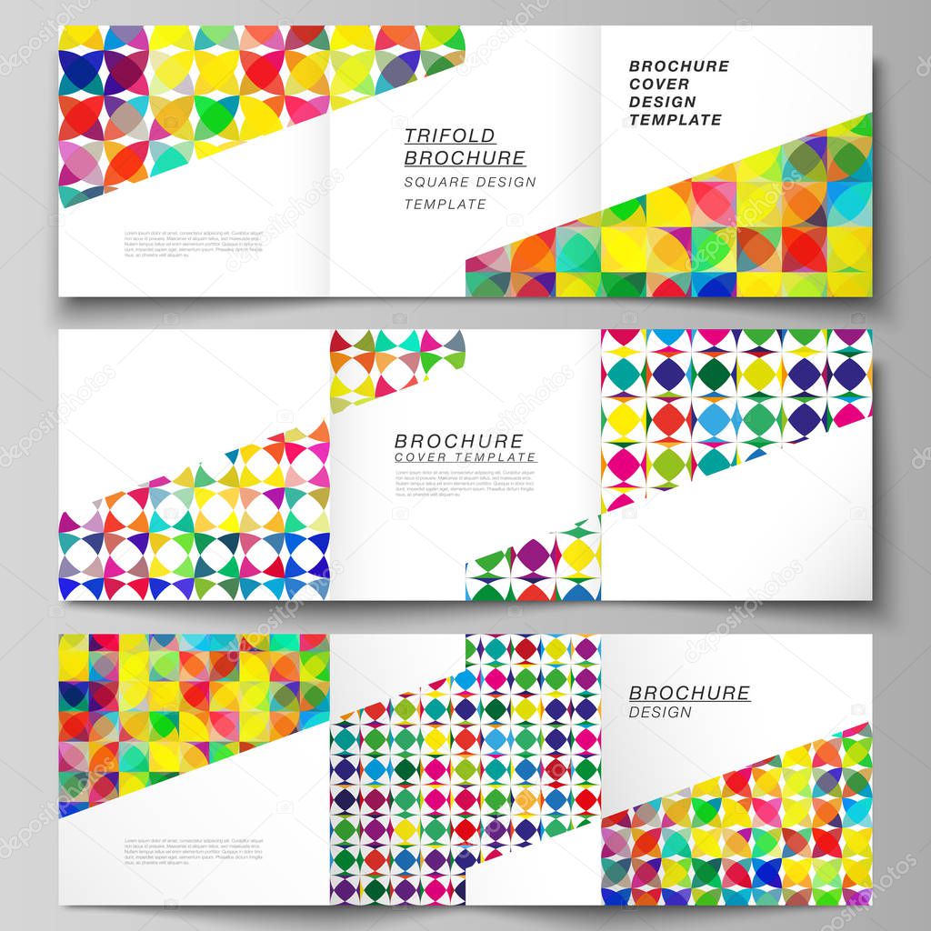 The minimal vector layout of square format covers design templates for trifold brochure, flyer, magazine. Abstract background, geometric mosaic pattern with bright circles, geometric shapes design.