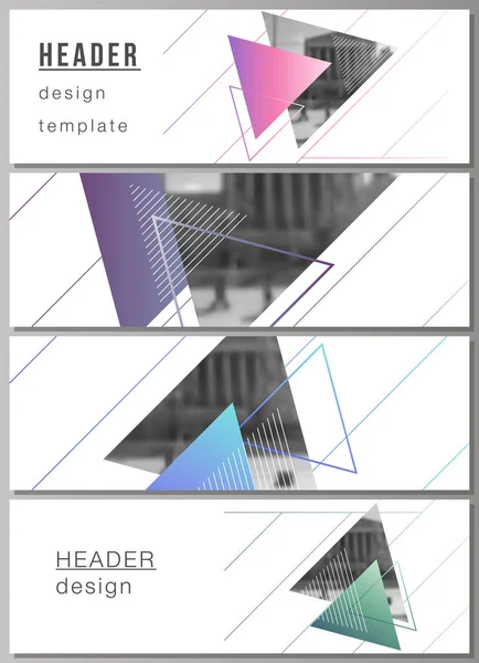 De minimalistische vectorillustratie van de bewerkbare indeling voor headers, banner ontwerpsjablonen. Kleurrijke veelhoekige achtergrond met driehoeken met moderne memphis patroon. — Stockvector