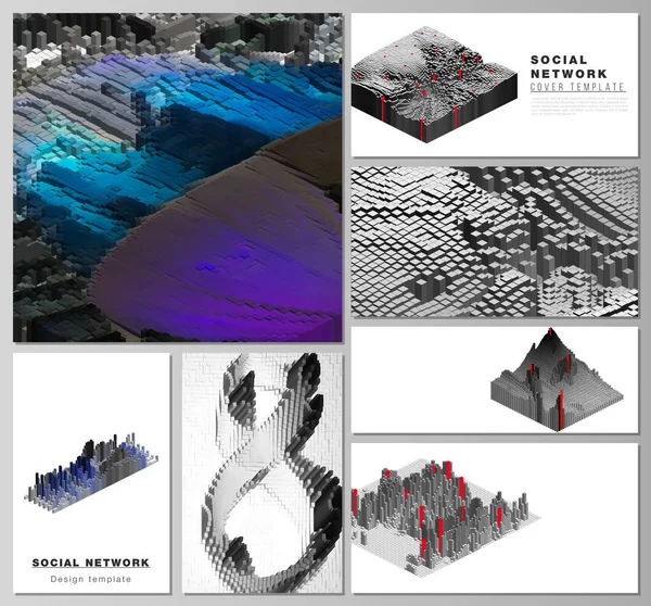 Diseños vectoriales abstractos minimalistas de maquetas de redes sociales modernas en formatos populares. Big data. Fondo geométrico dinámico. Diseño de patrón de cubos con efecto de movimiento. 3d estilo de tecnología . — Archivo Imágenes Vectoriales