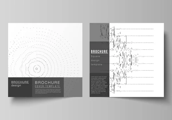 Minimale vector illustratie lay-out van twee vierkante formaat covers ontwerpsjablonen voor brochure, flyer, tijdschrift. Trendy moderne wetenschap of technologie achtergrond met dynamische deeltjes. Cyberspace grid. — Stockvector