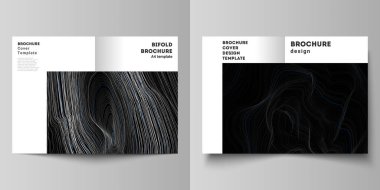 Çift katlı broşür, dergi, broşür, broşür, broşür, broşür, broşür ve yıllık rapor için iki adet A4 formatlı modern kapak modelinin vektör düzeni. Pürüzsüz duman dalgası, yüksek teknoloji konsepti siyah renkli tekno arka plan.