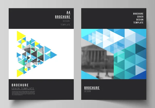 La mise en page vectorielle du format A4 modèles de conception de couverture modernes pour brochure, magazine, dépliant, livret, rapport annuel. Fond polygonal de couleur bleue avec triangles, motif mosaïque coloré . — Image vectorielle