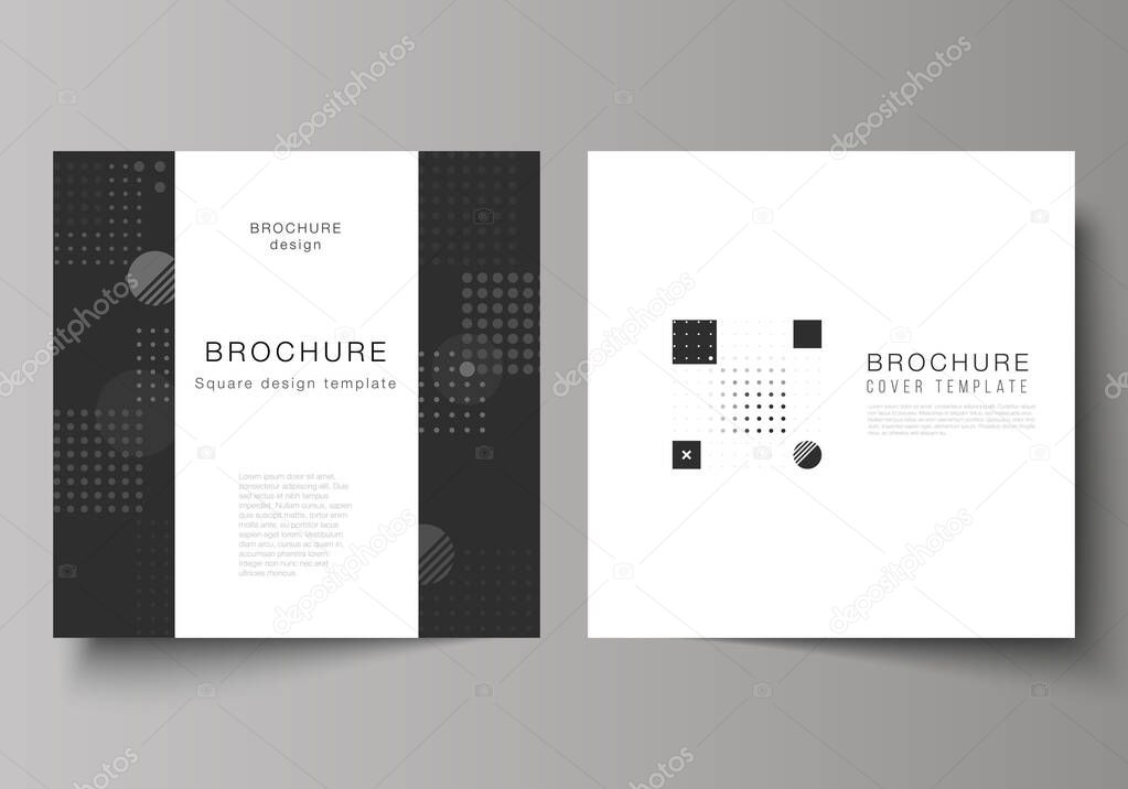 The minimal vector illustration of editable layout of two square format covers design templates for brochure, flyer, magazine. Abstract vector background with fluid geometric shapes.