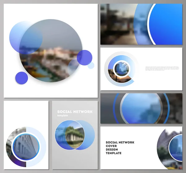 Den minimalistiska abstrakt vektor illustration av redigerbara layouter av moderna sociala nätverk prototyper i populära format. Kreativ modern blå bakgrund med cirklar och runda former. — Stock vektor