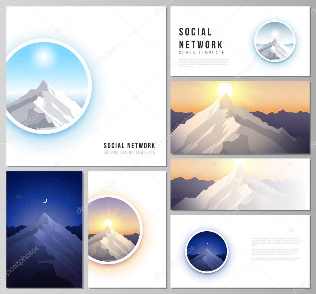 The minimalistic abstract vector illustration layouts of modern social network mockups in popular formats. Mountain illustration, outdoor adventure. Travel concept background. Flat design vector.