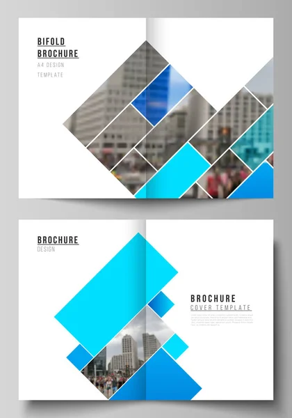 两个A4格式的现代封面模型设计模板的矢量布局双折小册子 小册子 抽象几何图案创意现代蓝色背景与矩形 — 图库矢量图片