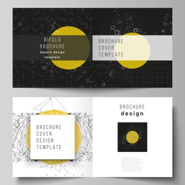 İki vektör düzeni kare tasarım bifold broşür, dergi, Flyer, kitapçık için şablonlar kapsar. Dinamik parçacıklar ile bilim veya teknoloji 3D arka plan. Kimya ve bilim konsepti.