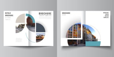 Çift katlı broşür, broşür, broşür, kapak tasarımı, kitap, broşür kapağı için iki A4 kapak modelinin vektör düzeni. Soyut daire şeklinde pankartlarla donatılmış bir arka plan. Şirket iş konsepti şablonu.