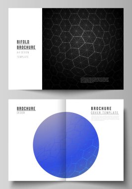 Çift katlı broşür için iki A4 biçimindeki vektör düzeni modern kapak modellemeleri tasarım şablonları. Dijital teknoloji ve altıgenli büyük veri konsepti, noktaları ve çizgileri birleştirme, bilimsel tıbbi geçmiş