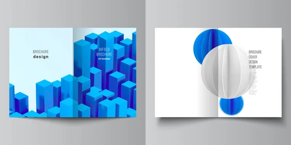 矢量布局的两个A4封面设计模板的双折小册子 封面设计 书籍设计 运动中具有动态逼真几何蓝色形状的三维矢量构图 — 图库矢量图片