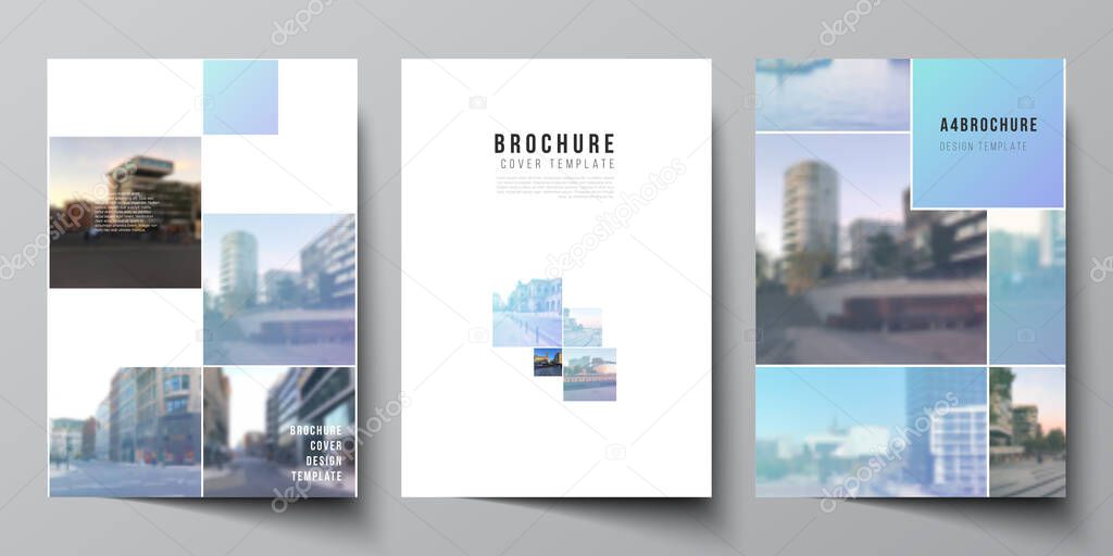 Vector layout of A4 format cover mockups templates for brochure, flyer layout, booklet, cover design, book design, brochure cover. Abstract design project in geometric style with blue squares