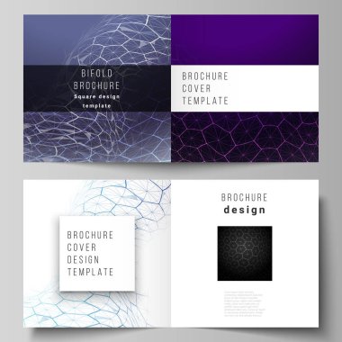 Kare tasarım çift katlı broşür ve broşür için iki kapak şablonunun vektör düzeni. Dijital teknoloji ve altıgenli büyük veri konsepti, noktaları ve çizgileri birleştirme, çokgen bilim tıbbi geçmişi.