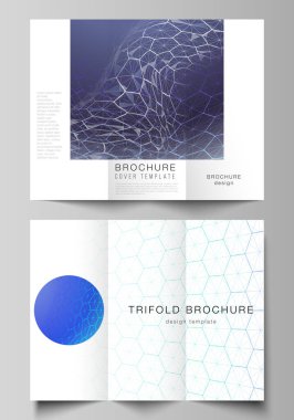 Üç katlı broşür veya broşür tasarım şablonları için yaratıcı kapakların vektör düzeni. Dijital teknoloji ve altıgenli büyük veri konsepti, noktaları ve çizgileri birleştirme, çokgen bilim tıbbi geçmişi