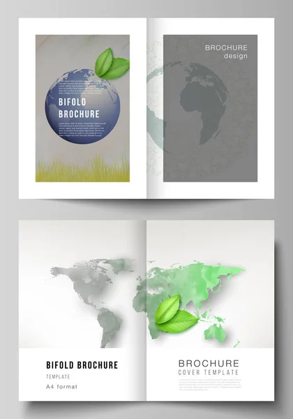 Vector lay-out van twee A4-formaat omslag mockups ontwerp sjablonen voor bifold brochure, flyer, omslag ontwerp, boek ontwerp, brochure cover. Red Aarde planeet concept. Globaal concept voor duurzame ontwikkeling. — Stockvector