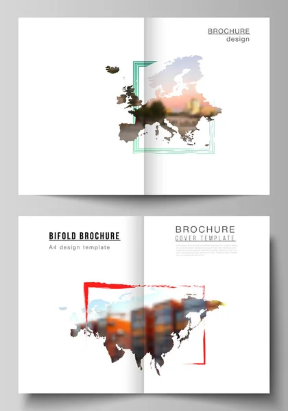 Vector layout of two A4 cover mockups templates for bifold brochure, flyer, cover design, book design, brochure cover. Design template in the form of world maps and colored frames, insert your photo. — Stock Vector