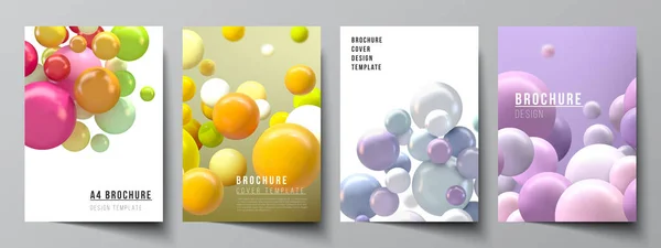 Vector layout of A4 cover mockups templates for brochure, flyer layout, booklet, cover design, book design. Abstract vector futuristic background with colorful 3d spheres, glossy bubbles, balls. — Stock Vector
