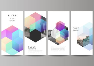 Broşür tasarımı, renkli altıgenli pankart tasarımı şablonları, geometrik şekiller, web sitesi reklam tasarımı için teknik arkaplan, dikey uçucu tasarımı, web sitesi dekorasyonu.