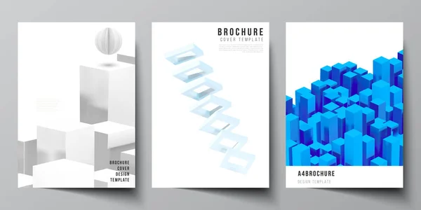 Vektor-Layout von A4-Cover-Attrappen für Broschüren, Flyer-Layout, Booklet, Cover-Design, Buchdesign. 3D-Rendervektorkomposition mit dynamisch realistischen geometrischen blauen Formen in Bewegung. — Stockvektor