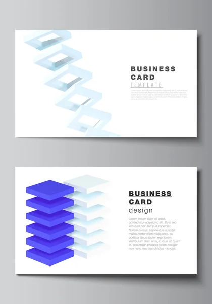 Vector layout of two creative business cards design templates, horizontal template vector design. 3d render vector composition with dynamic realistic geometric blue shapes in motion. — Stock Vector