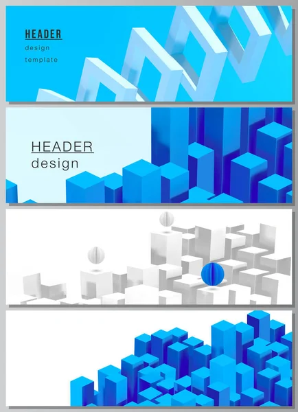 Vektorové uspořádání záhlaví, šablony bannerů pro návrh zápatí webových stránek, horizontální návrh letáků, pozadí záhlaví webových stránek. 3D vykreslování vektorové složení s dynamickými geometrickými modrými tvary v pohybu. — Stockový vektor