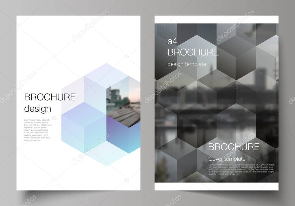 Vector layout of A4 format cover mockups design templates with abstract shapes and colors for brochure, flyer layout, booklet, cover design, book design, brochure cover.