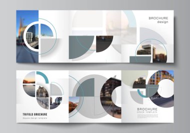 Kare tasarımı üç katlı broşür, broşür, broşür, kapak tasarımı, kitap ve broşür kapakları için tasarım şablonlarını kapsar. Soyut daire şeklinde pankartlarla donatılmış bir arka plan. Şirket iş konsepti şablonu.