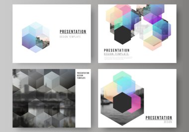 Sunumun vektör düzeni slayt tasarımı iş şablonları, renkli altıgenli çok amaçlı şablon, geometrik şekiller, sunum broşürü için teknik arka plan, broşür kapağı, rapor.