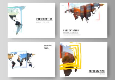 Sunum sunumunun vektör düzeni iş şablonları tasarımı, sunum broşürü için çok amaçlı şablon. Dünya haritaları ve renkli çerçeveler şeklinde tasarım şablonu, fotoğrafınızı ekleyin.