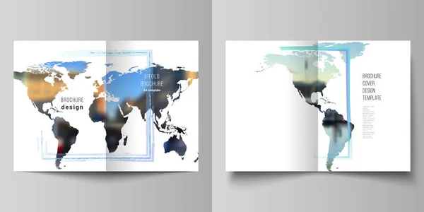 두 개 의 A4 커버 샘플의 벡터 레이아웃은 양장본 팜플렛, 플라이어, 표지 디자인, 책 디자인, 팜플렛 표지를 위한 견본이다. 세계 지도와 컬러 프레임의 형태로 설계된 템플릿은 사진을 삽입 합니다.. — 스톡 벡터