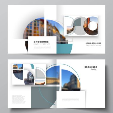 Kare tasarım broşür, broşür, broşür, kapak tasarımı, kitap, broşür kapağı için iki kapak şablonunun vektör düzeni. Soyut daire şeklinde pankartlarla donatılmış bir arka plan. Şirket iş konsepti şablonu.