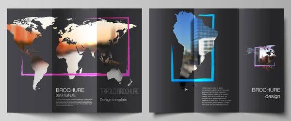 Layout vettoriali dei modelli di design delle copertine per brochure trifold, layout dei volantini, design dei libri, copertina delle brochure, pubblicità. Modello di design sotto forma di mappe del mondo e cornici colorate, inserisci la tua foto. — Vettoriale Stock