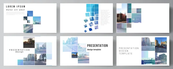 Układ wektorowy prezentacji prowadnic projektowych szablonów biznesowych, szablonu wielofunkcyjnego do prezentacji broszury, okładki broszur. Abstrakcyjny projekt w stylu geometrycznym z niebieskimi kwadratami. — Wektor stockowy
