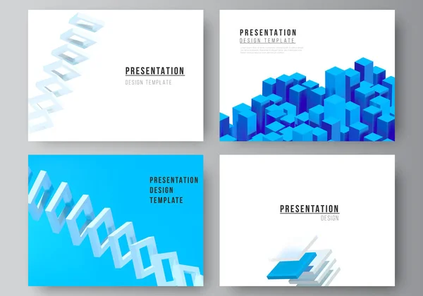 プレゼンテーションスライドデザインテンプレート、プレゼンテーションパンフレット用テンプレート、パンフレットカバー、ビジネスレポートのベクトルレイアウト。動作中の動的幾何学的な青の図形と3Dレンダリングベクトル組成. — ストックベクタ