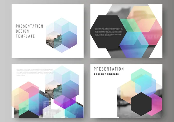 Vektor layout av presentationsbilder design affärsmallar, multipurpose mall med färgglada hexagoner, geometriska former, teknisk bakgrund för presentation broschyr, broschyr omslag, rapport. — Stock vektor