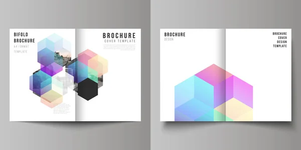 두 개 의 A4 포맷의 반사기 배치는 샘플을 포함하고 있으며 추상적 인 모양 과 색상을 지닌 템플릿을 디자인하고 있다 . bifold brochure, flyer, magazine, cover design, book design, brochure cover. — 스톡 벡터