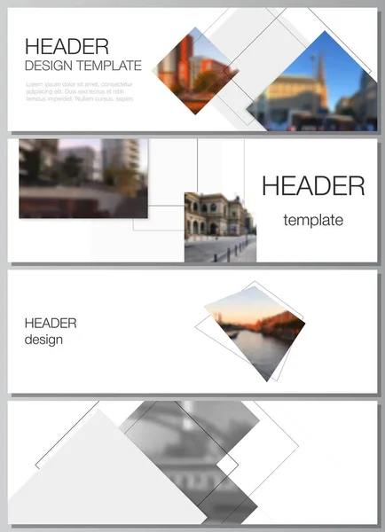 Vector lay-out van headers, banner ontwerp sjablonen met geometrische eenvoudige vormen, lijnen en foto plaats voor website footer ontwerp, horizontale flyer, website header achtergronden. — Stockvector