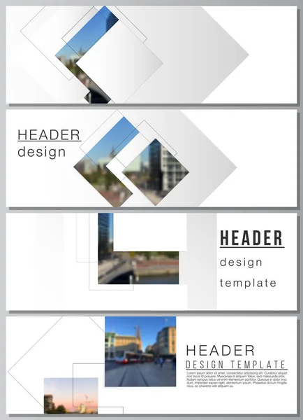 헤더의 벡터 배치, 단순 한 기하학적 모양, 줄, 사진 장소가 있는 배너 디자인 템플릿 웹 사이트 푸 터 디자인, 수평 플라이어, 웹 사이트 헤더 배경. — 스톡 벡터